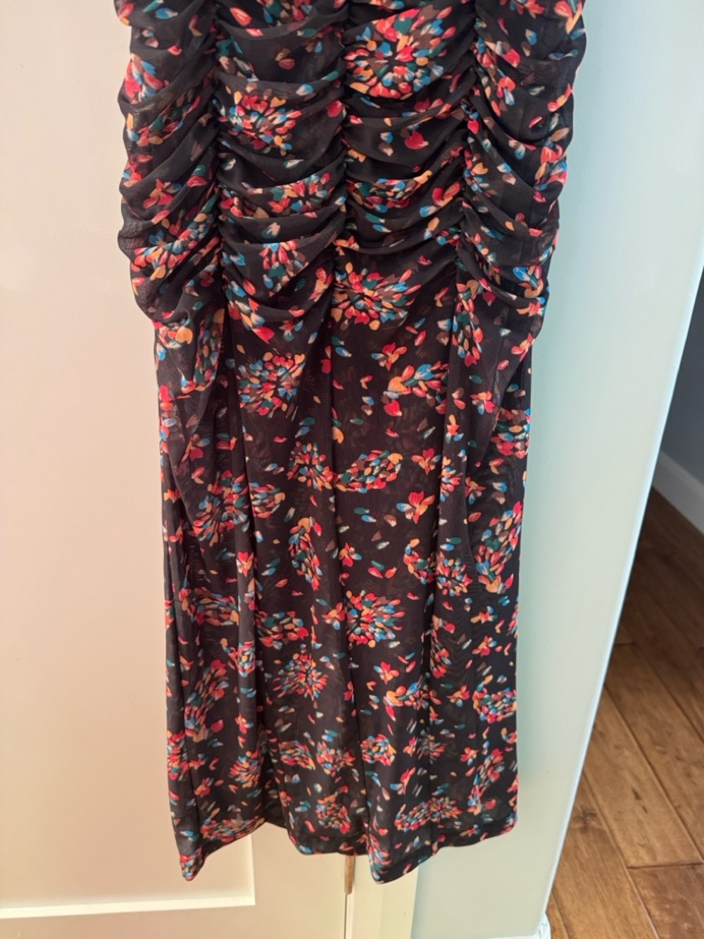 Free People Black Floral Mesh Top with Red & Teal Accents